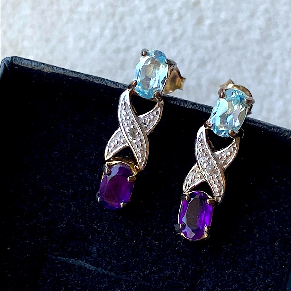 5CT AMETHYST & BRILLIANT DIAMONDS SWISS BLUE TOPAZ 18K GOLD EARRINGS !!